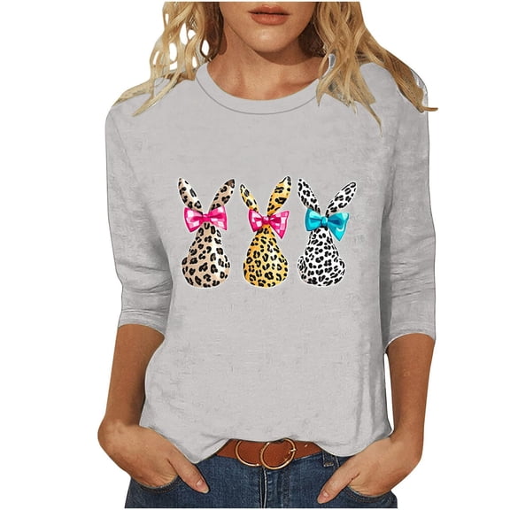 YUEHUA Women's Happy Easter Shirt Crew Neck 3/4 Sleeve Funny Tops Rabbit Graphic Colored Eggs Print Tee T-Shirts Easter Day Gifts