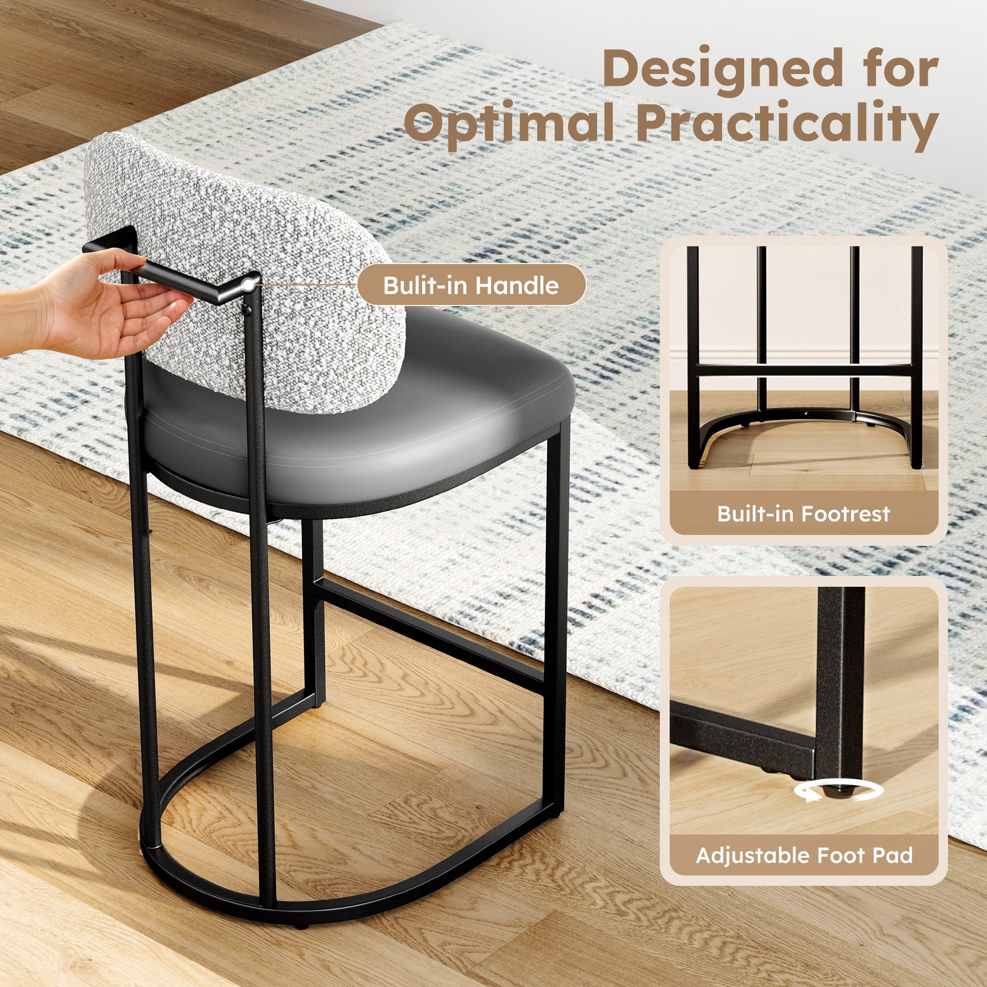 MF Studio Counter Height Bar Stool with Back Set of 3, 24.8" Modern PU Upholstered Bar Chair with Large Chenille Back and Metal Frame, Gray
