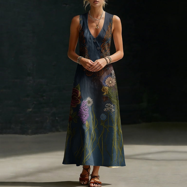 HOMBOM Womens Button Dresses Dress Multicolor Cotton Linen Spring Easter Boho Floral Maxi Tank Dress for Ladies with Pocket