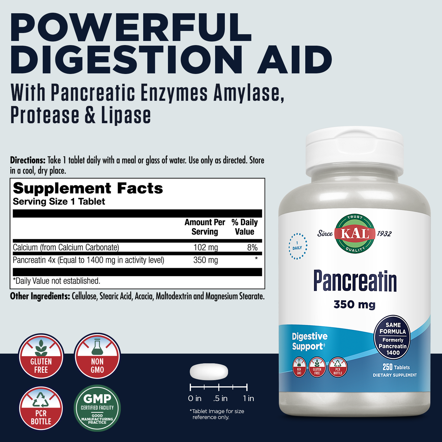 KAL Pancreatin 1400 | Pancreatic Enzymes Amylase, Protease & Lipase to Help Support Healthy Digestion of Carbs, Fats & Proteins | 250 Tablets - image 2 of 7