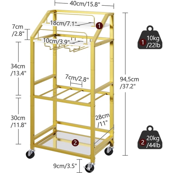 Mirrored Bar Cart for Home, Rolling Serving & Beverage Cart with Wine Rack, Glass Holder and Wheels, Stylish Kitchen Cart for Dining Room, Gold & White