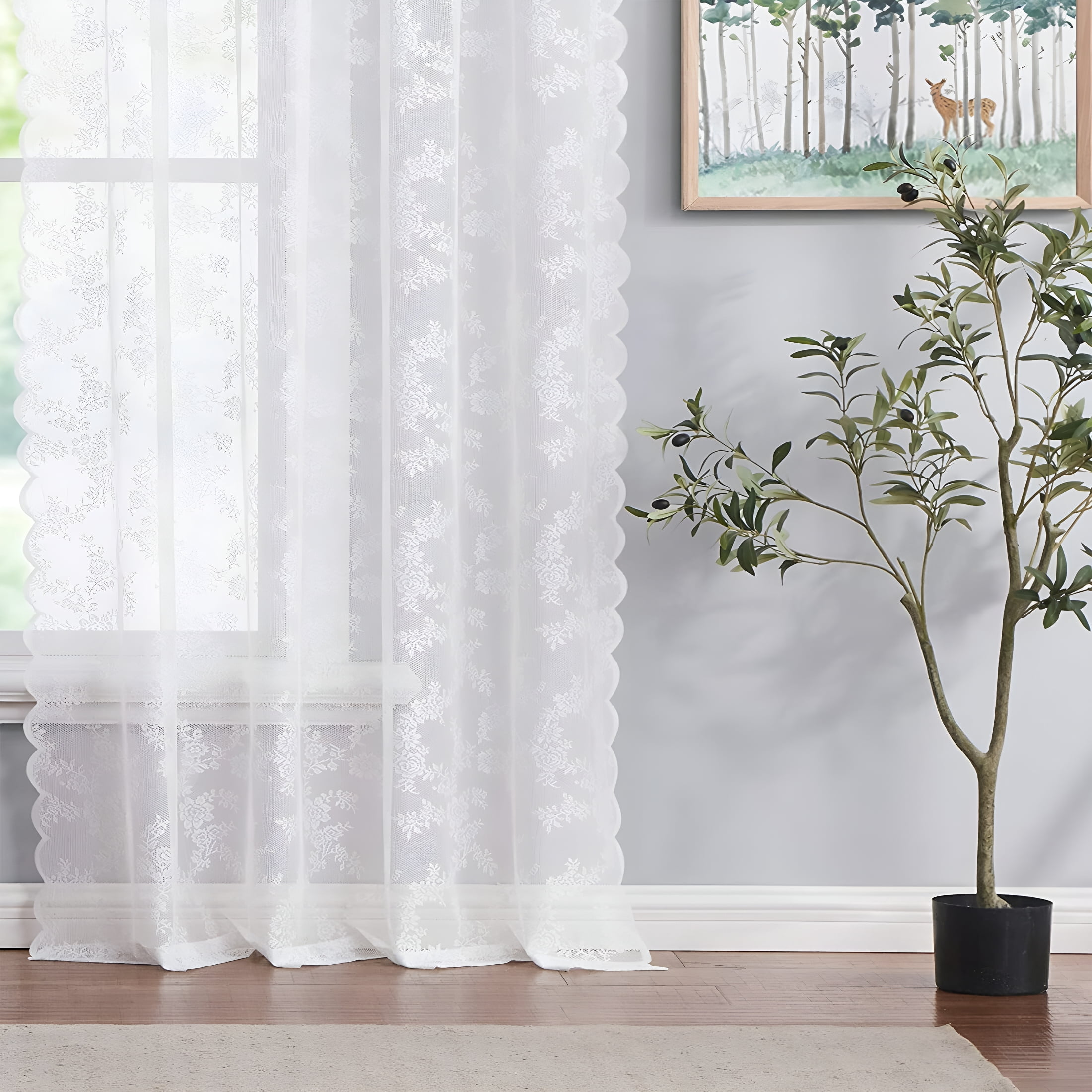 AUQ White Lace Sheer Curtain Panels for Living-Room,Beaded Curtain,Rose Floral Embroidery Draperies for Farmhouse,Rod Pocket 95"L X 55"W X 2 Pcs
