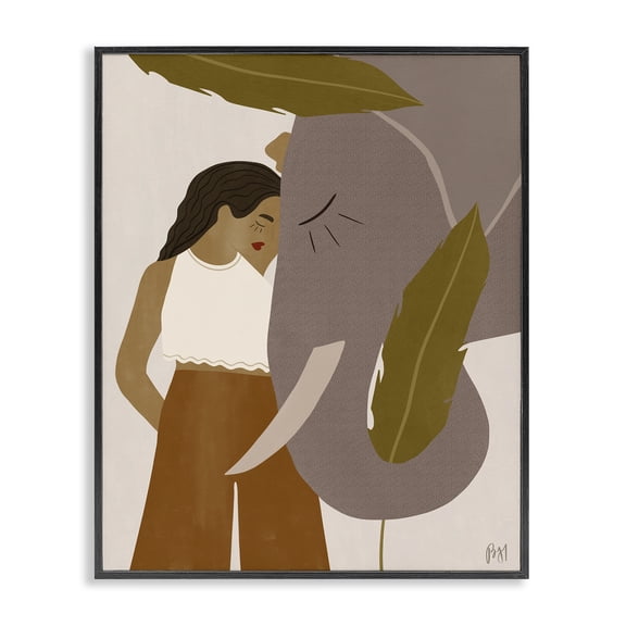 Stupell Industries Contemporary Female Standing with Elephant Earth Tone Portrait Black Framed Giclee Art, 11 x 14, by Birch&Ink