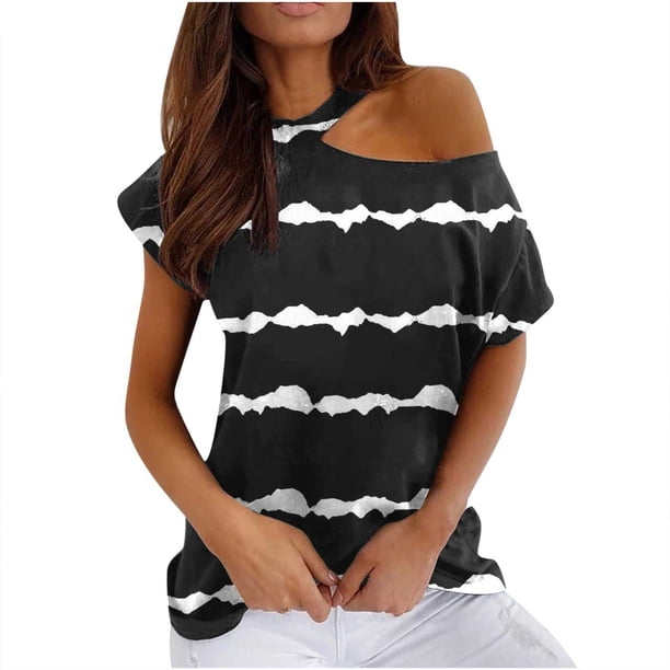 Mujeres Verano Cuello Redondo Manga Corta Estampado Sin Tirantes Camiseta Tops Blusas OAVQHLG3B Store lin121212