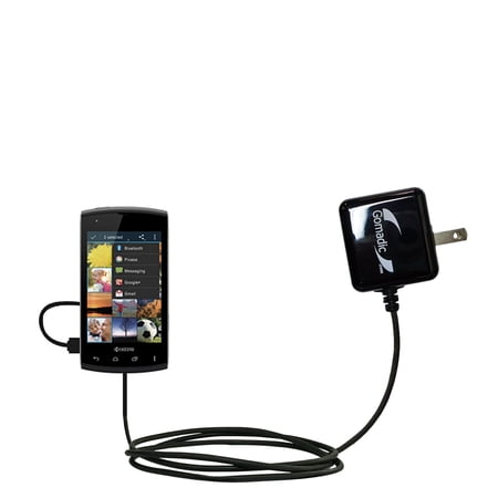 Gomadic Intelligent Compact AC Home Wall Charger suitable for the Kyocera Rise - High output power with a convenient, foldable plug design - Uses TipE