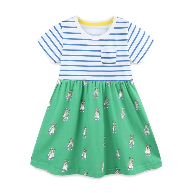 Robes pour Fillettes Rayées Été Appliques Dessin Animé Robe Décontractée en Coton Taille 2-3T