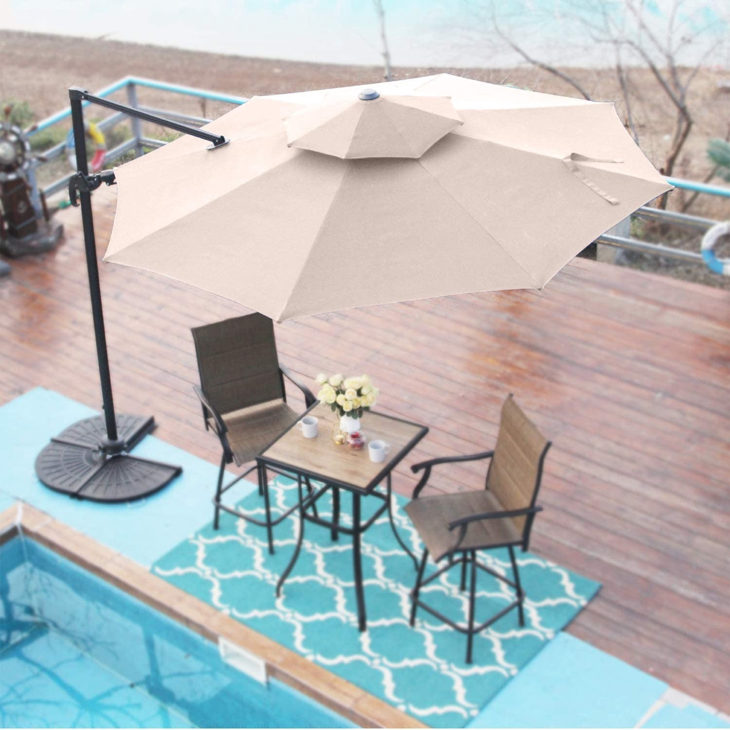 MF Studio 11ft Offset Cantilever Umbrella Double Top Deluxe Outdoor Patio Market Umbrella, 360 Degree Rotation with Cross Base, Beige