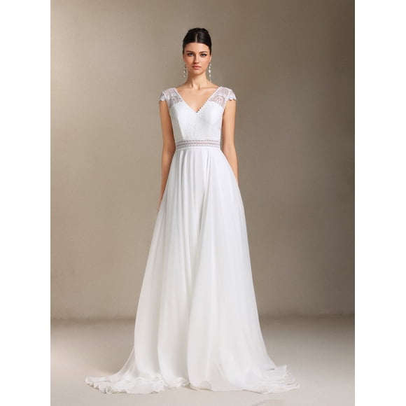 Vestido de novia Eudora Lace Chifon con cuello en V y maxi sin espalda