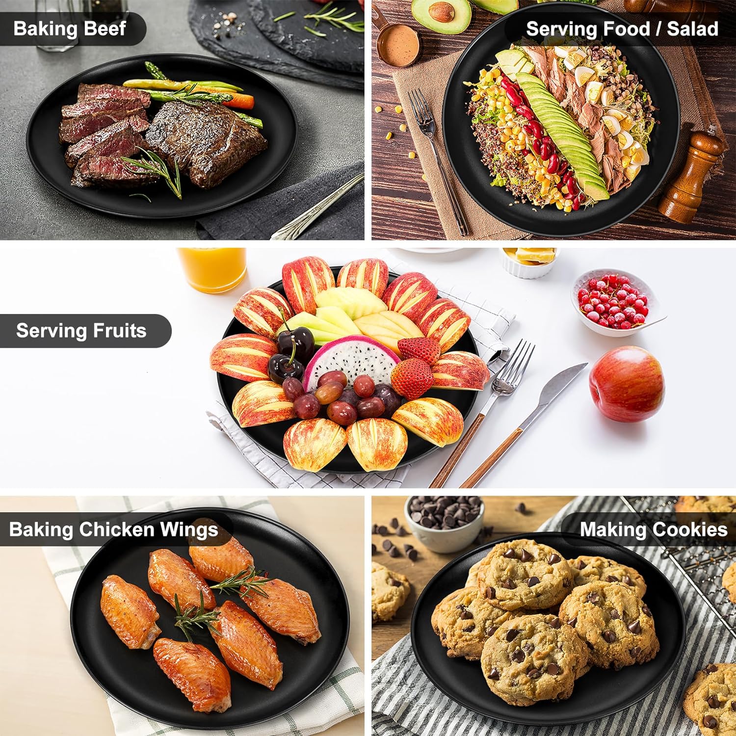 10 inch Pizza Pan, Boriyuan 4 Pcs Non-Stick Pizza Tray with Oil Brush, Round Baking Pan for Oven, Reusable Bakeware for Home Restaurant Kitchen Baking Supplies, Black
