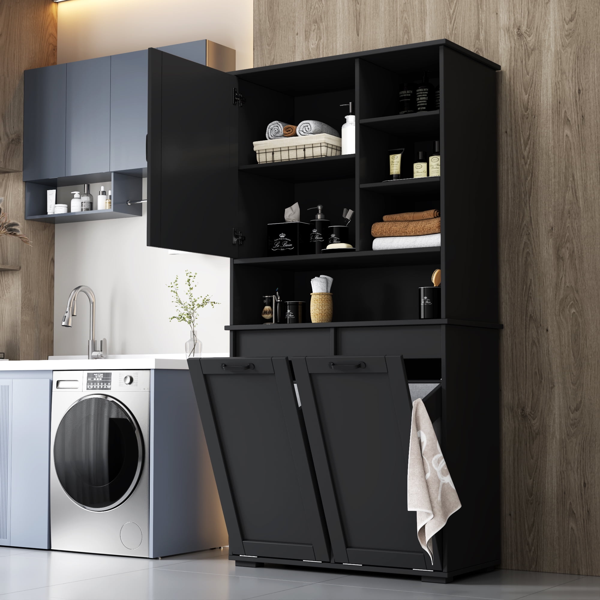 Mintazer 63" H Bathroom Storage Cabinet with 2 Tilt Out Laundry Hampers, Freestanding Laundry Cabinet with Adjustable Shelves, Black