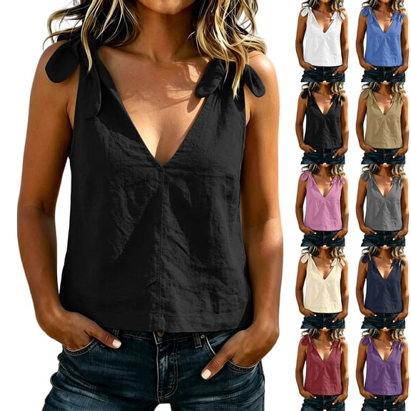 yoeyez Linen Tank Tops for Women Summer V Neck Sleeveless Tops Cute Tie Shoulder Bow Lightweight Fashion Beach Blouse Gray,XXL