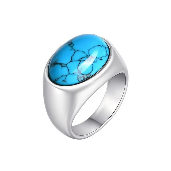 PAMTIER Men's Stainless Steel Unique Classic Oval Cut Geometric Ellipse Smooth Synthetic Turquoise Gemstone Biker Ring Statement Band Size 8