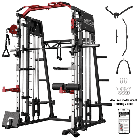 Mikolo Smith Machine Home Gym 2200 lbs Power Rack Cage with Cable Crossover Weight Bar 360° Landmine Barbell Holders and Other Attachments Total Body Strength Training Cage
