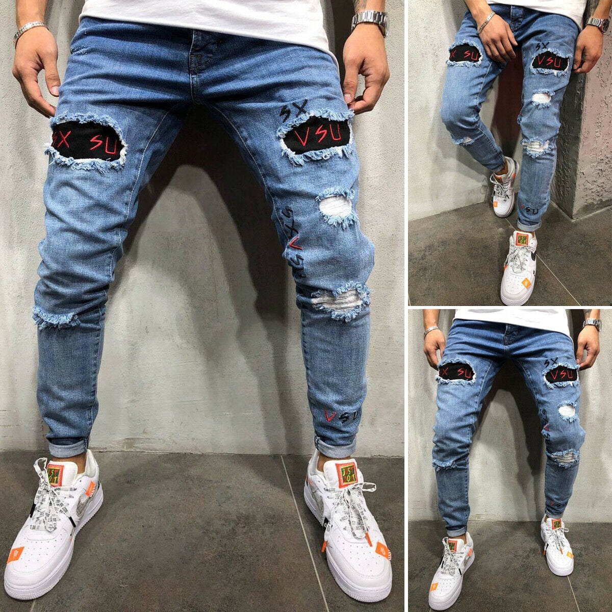 Mens Jeans Long Pants Denim Skinny Ripped Frayed Slim Fit Biker Work