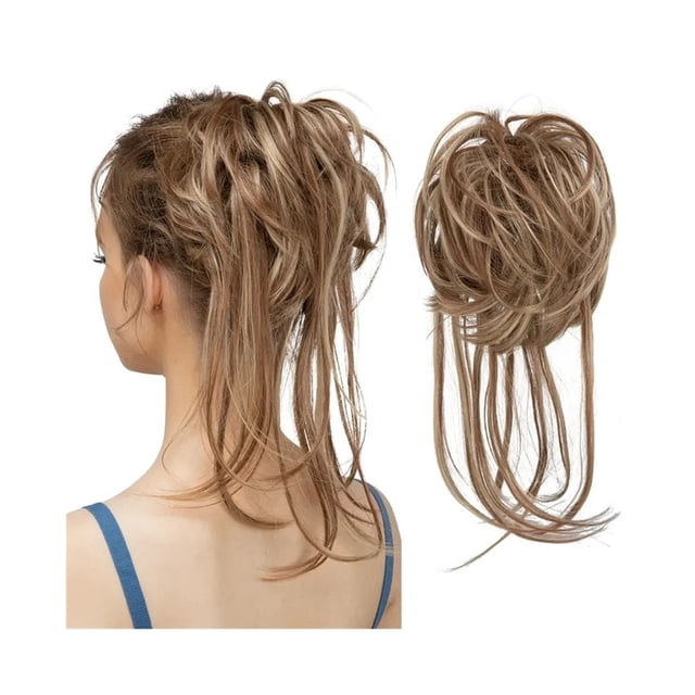 Chignon en Désordre Pièce de Cheveux Ondulée Extensions de Chignon avec Queues Droites Queue de Cheval Synthétique