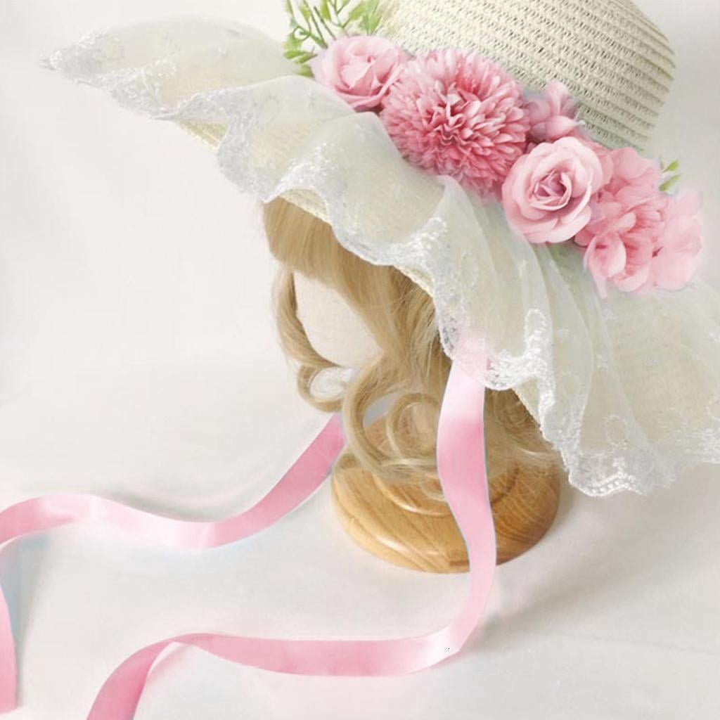 Flower Bonnet Hat Sun Protective Hat for Girl French Handwoven Straw Hat Lace Hat Vintage Panama Hat