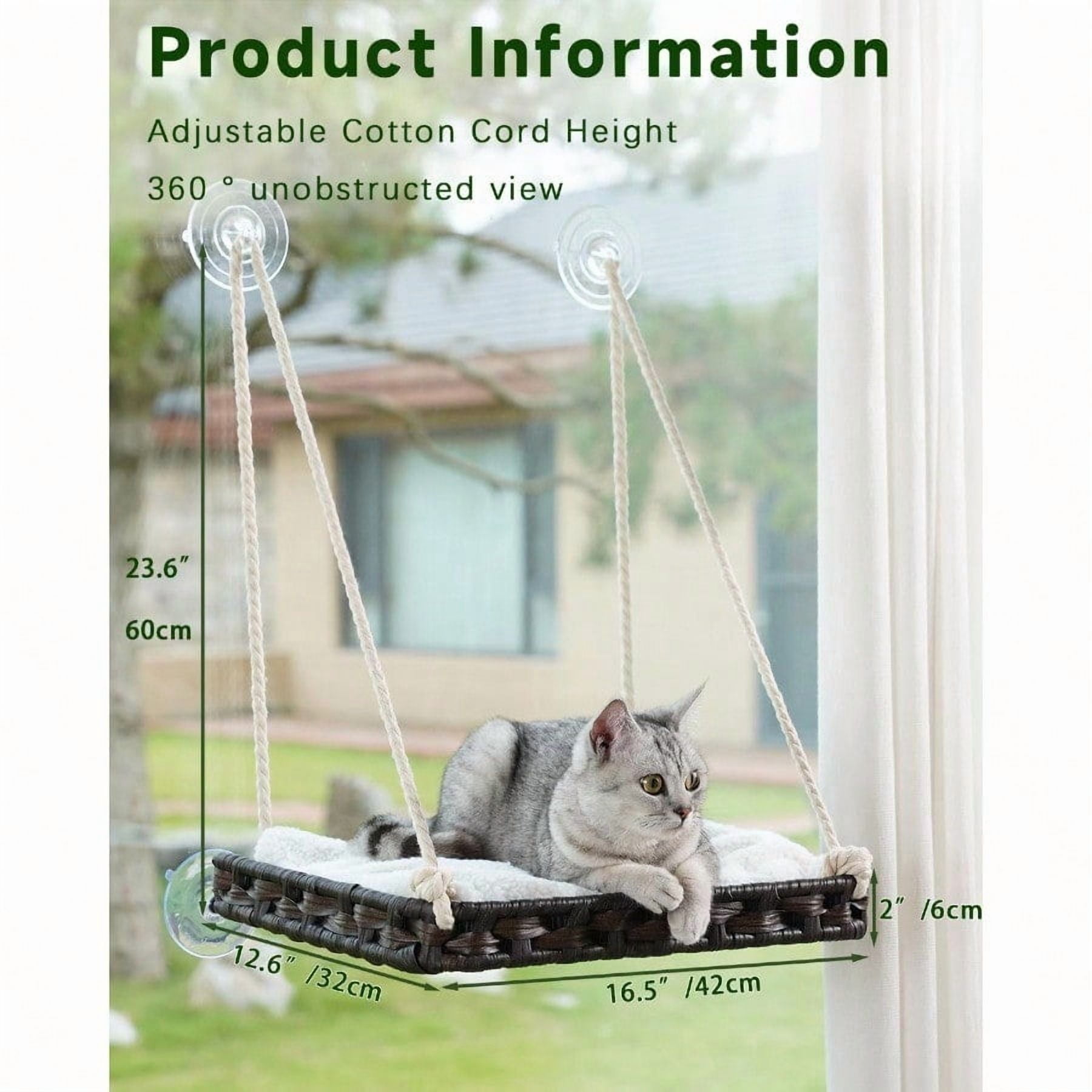Cat Window Perch Cat Window Hammock Bed for Indoor Cats Large Handwoven PE Rattan Window Seat 4 Suction Cups Double Sided Washable Cushion Bed 2.3 Inch Fence Shelf for Pet Kittens Brown