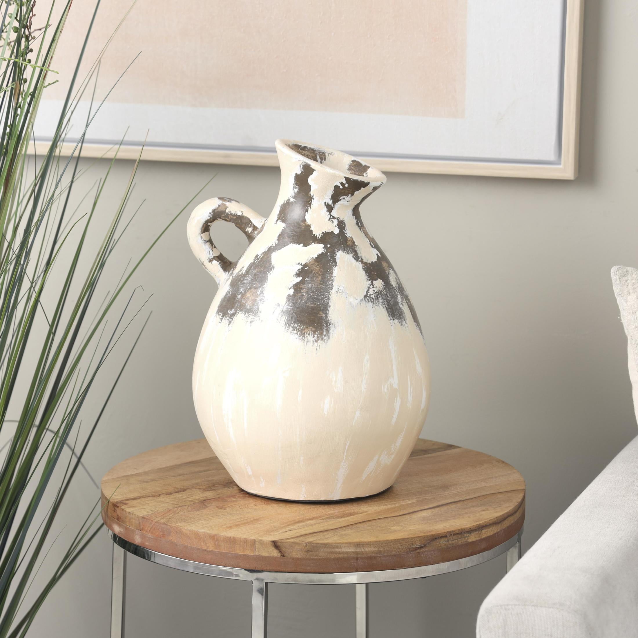 DecMode 17" Antique Style Pot Cream Ceramic Vase with Curved Handle