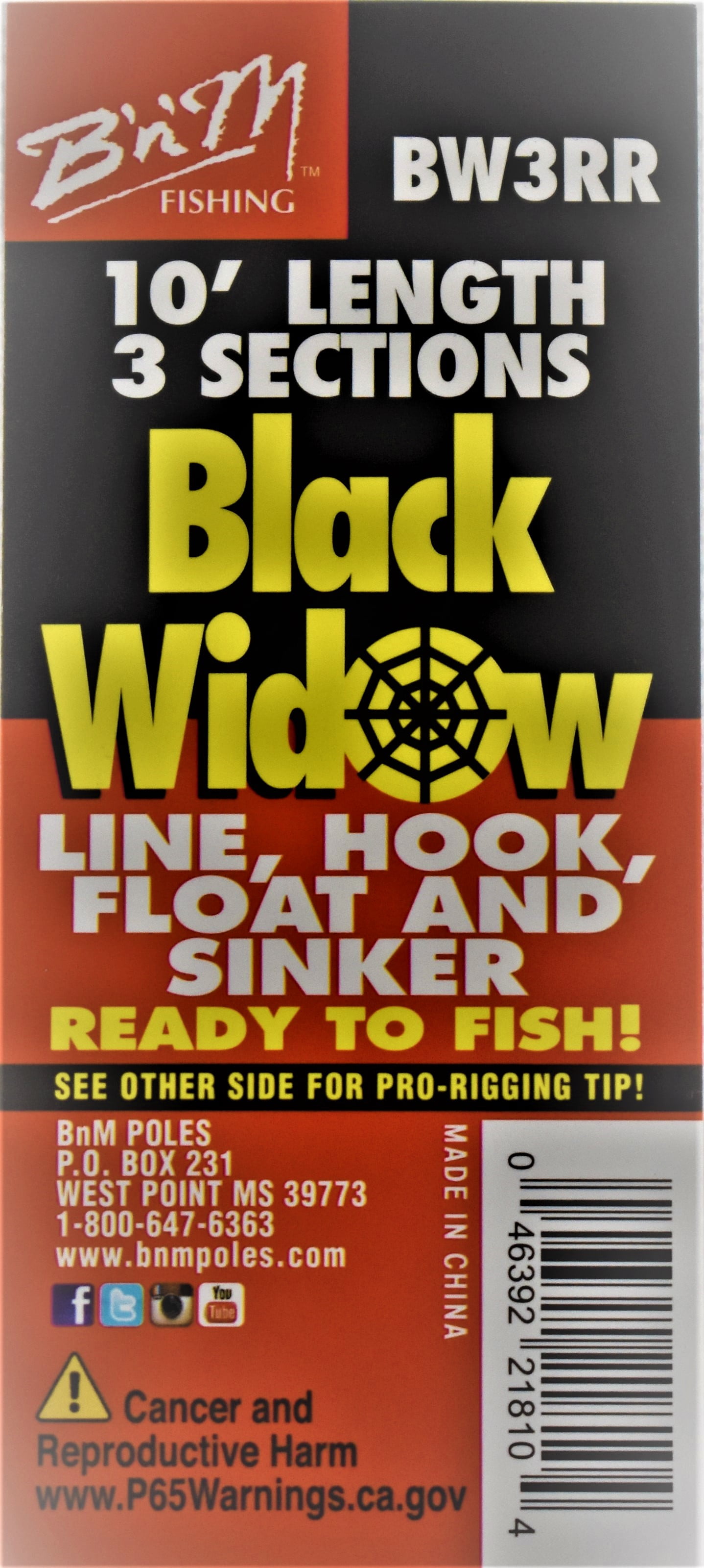 10' Black Widow Ready Rig Telescopic Panfish Pole by B'n'M Pole