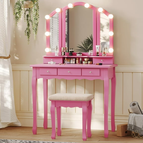 Vanity Desk with Tri-Fold Mirror and Lights, Makeup Vanity Set with Wood Upholstered Stool, Vanity Table with 5 Drawers & 8 Jewelry Hooks, Pink Vanity