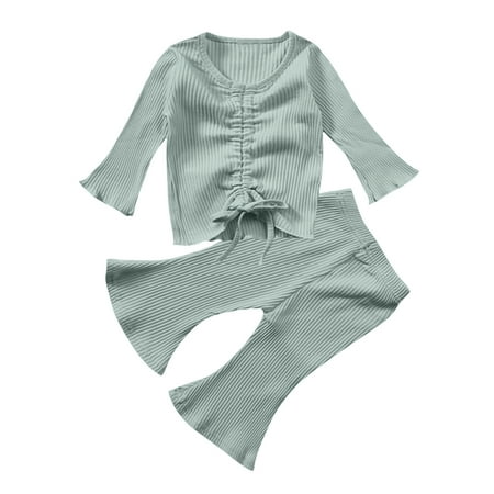 

Utoimkio White Toddler Girls Jumpsuit Baby Solid Knitted Drawstring Romper Tops+Pants Pajamas Sleepwear Sets