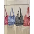 thumbnail image 5 of Blue Gingham Ruffle Tote Bag With Drawstring Closure Oversized Shoulder, 5 of 7