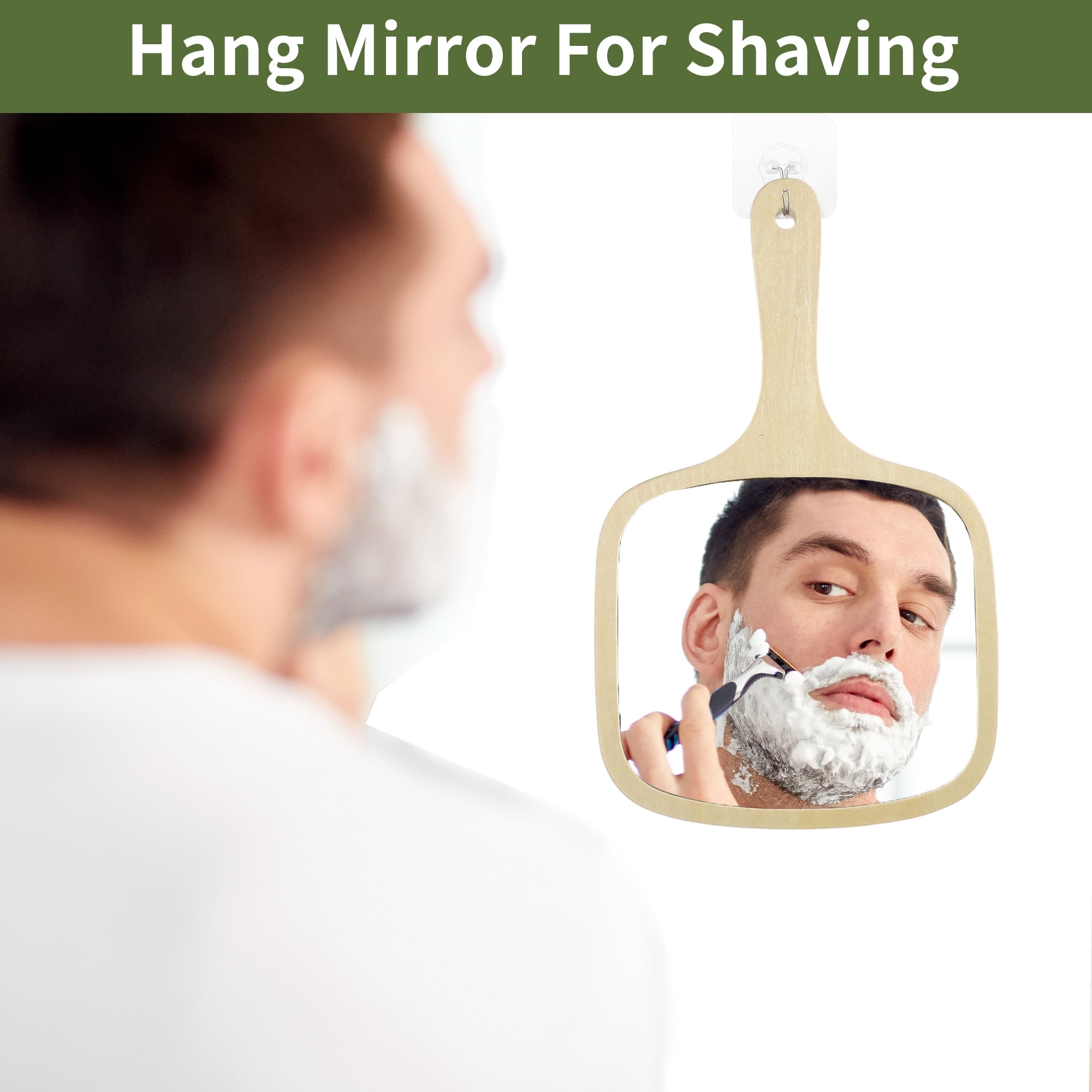 Unique Bargains HMirror with Handle Bamboo Handheld Mirror for Shaving Travel Wood M