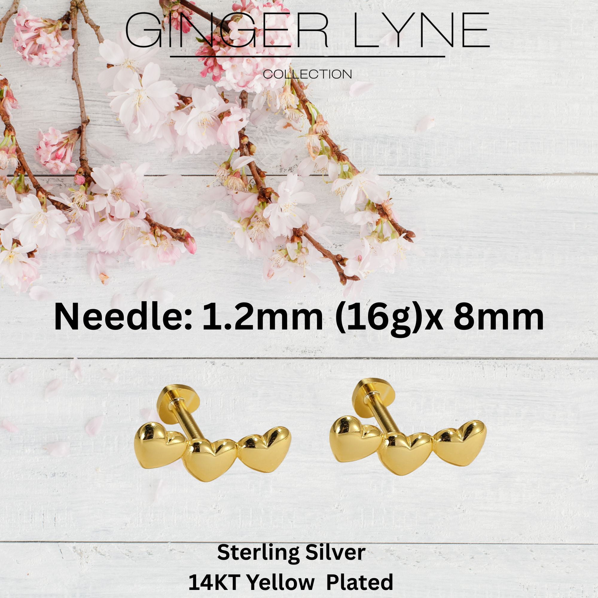 Heart Crawler Flat Back Earrings for Cartilage Helix Tragus Lobe Gold over Sterling Silver Studs Pair by Ginger Lyne