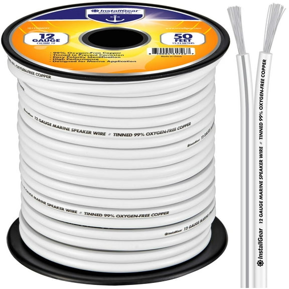 InstallGear 12 Gauge Tinned OFC Heavy Duty Boat Marine Speaker Wire (12 Gauge & 50ft) | White Speaker Cable | Speaker Wire 12 Gauge | Marine Wire 12 Gauge Wire for Outdoor