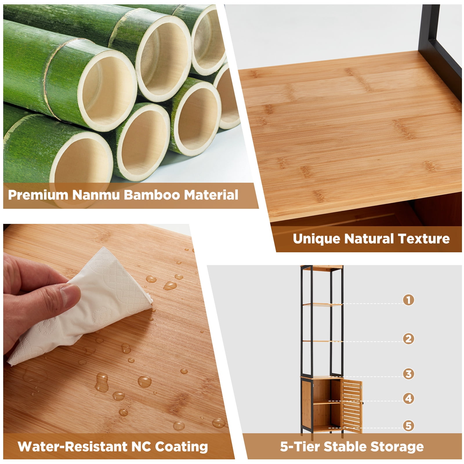 Danrelax 68" Bamboo Bathroom Cabinet, 5 Tier Floor Shelving Unit with Open Shelves & Cabinet Storage, Premium Moso Bamboo Organizer for Bathroom, Kitchen, or Living Room