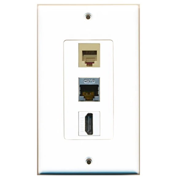 RiteAV - 1 Port HDMI and 1 Port Phone RJ11 RJ12 Beige and 1 Port Shielded Cat6 Ethernet Decorative Wall Plate Decorative