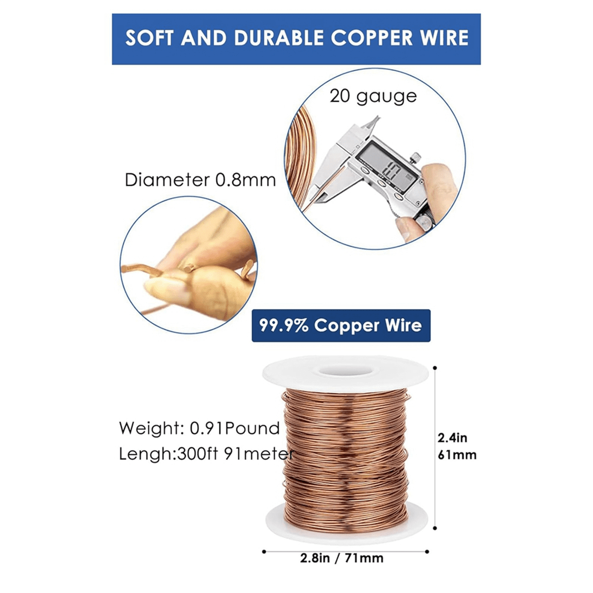 99.9% Soft Copper Wire - 18 Gauge 1mm - 200 Feet, Pure Bare Copper Wire  for Jewelry Making Gardening