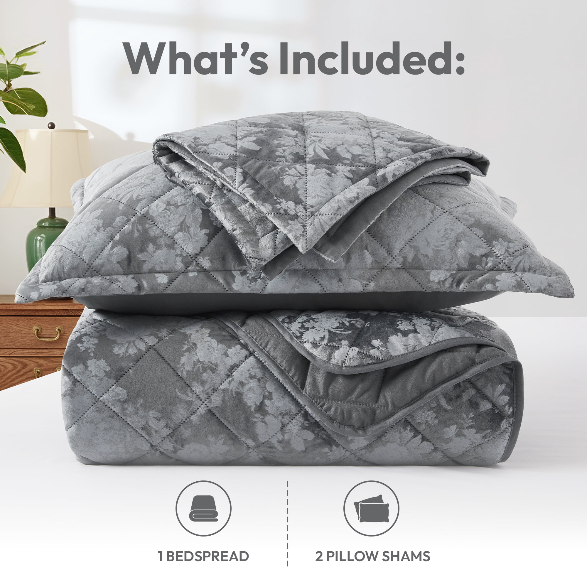 IR Imperial Rooms Velvet Bedspread Floral Pattern 3-Piece Set Ultrasonic Embossed Quilt Reversible Soft Microfiber Coverlet Queen Size Grey