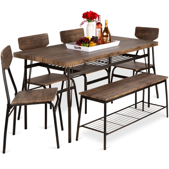 Best Choice Products 6-Piece 55in Modern Home Dining Set w/ Storage Racks, Rectangular Table, Bench, 4 Chairs - Brown