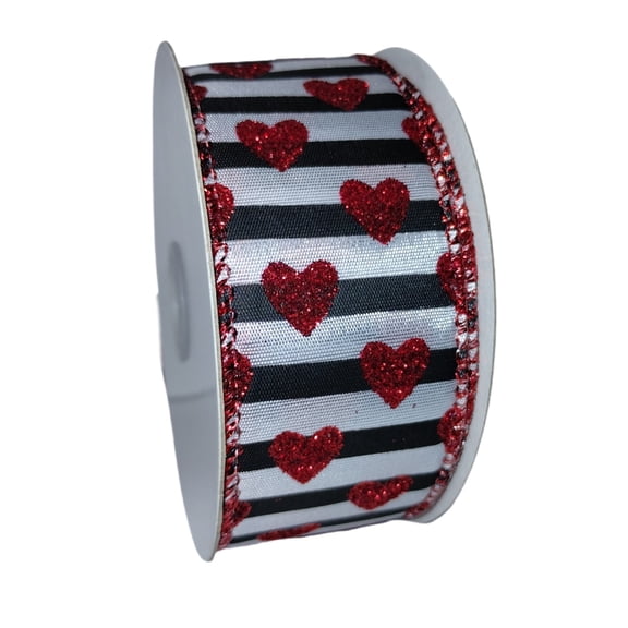 1.5" x 10 yards, Black & White Stripe Red Glitter Heart Wired Ribbon