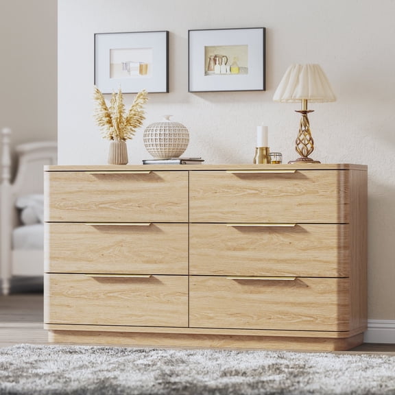 54" Wide Wood Dresser with 6 Drawers, Chest of Drawers for Bedroom, Hallway, Living Room, Wooden Dresser TV Stand, Oak