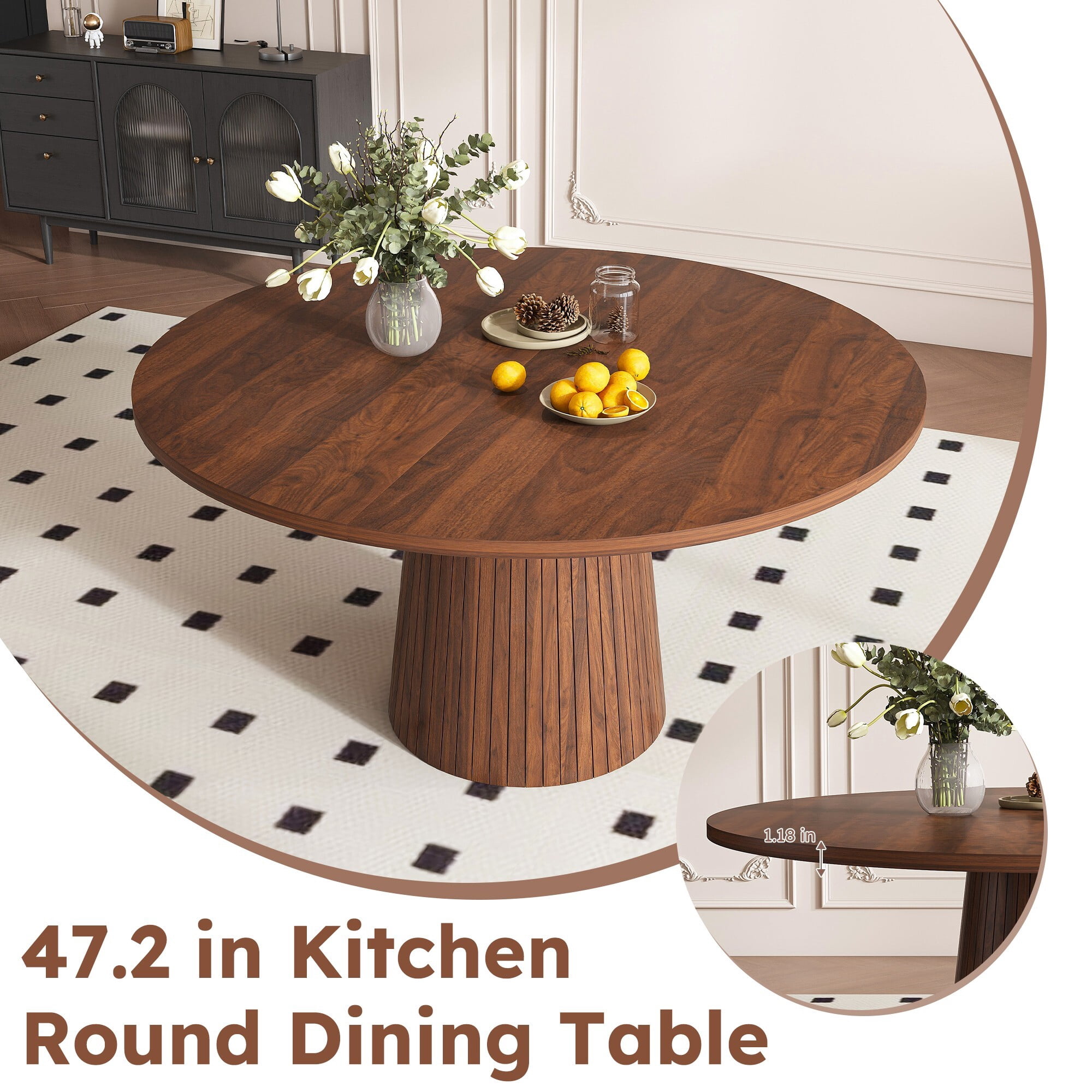 AENKYO 47" Round Dining Table for 4, Modern Farmhouse Pedestal Kitchen Table with Wood Strip Base, Walnut Finish