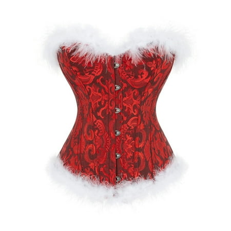 Christmas Lingerie Corset Top for Women Feathers Front Buckle Corset Bustier Red Naughty Christmas Costumes