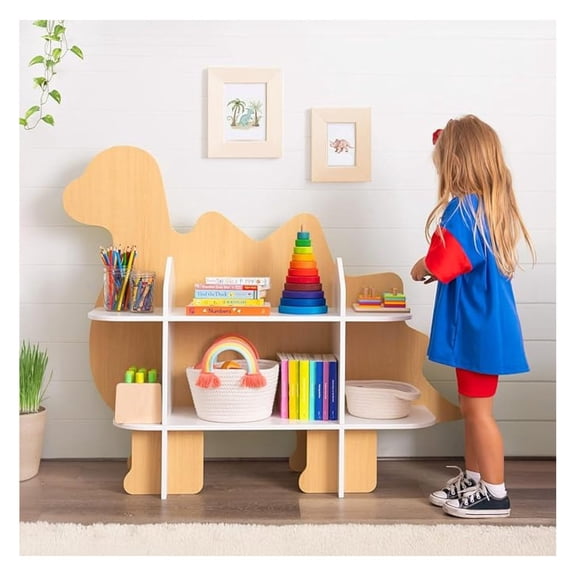 Children Dinosaur Bookshelf, 2-Tier Toddler Bookshelf, Dino Kids Bookcase and Toy Storage Organizer, Montessori Toy Shelf for , Playroom, and Kindergarten