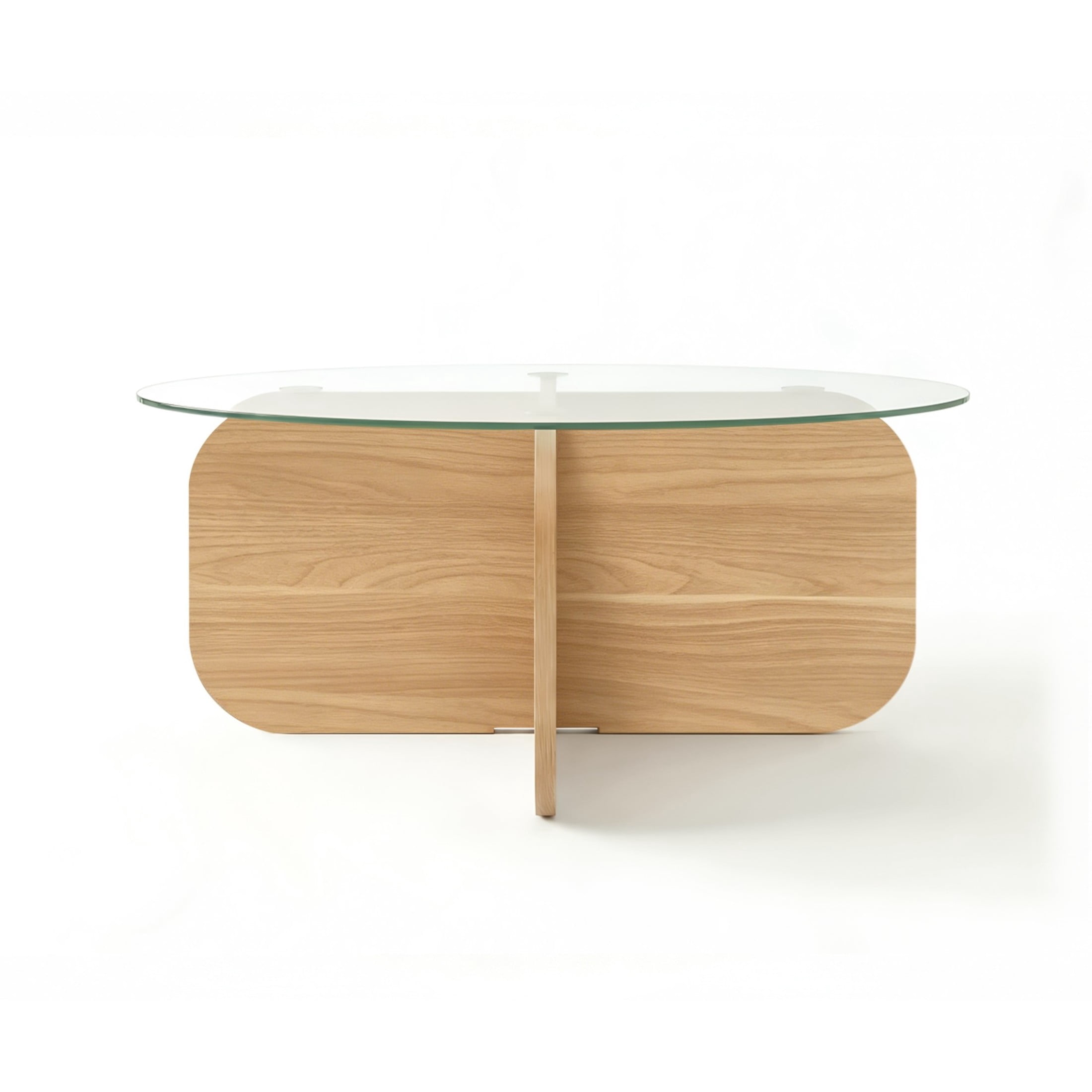 Christopher Knight Home 29.5" Round Coffee Table with Modern Cross Base, Tempered Glass Top, Blonde Oak