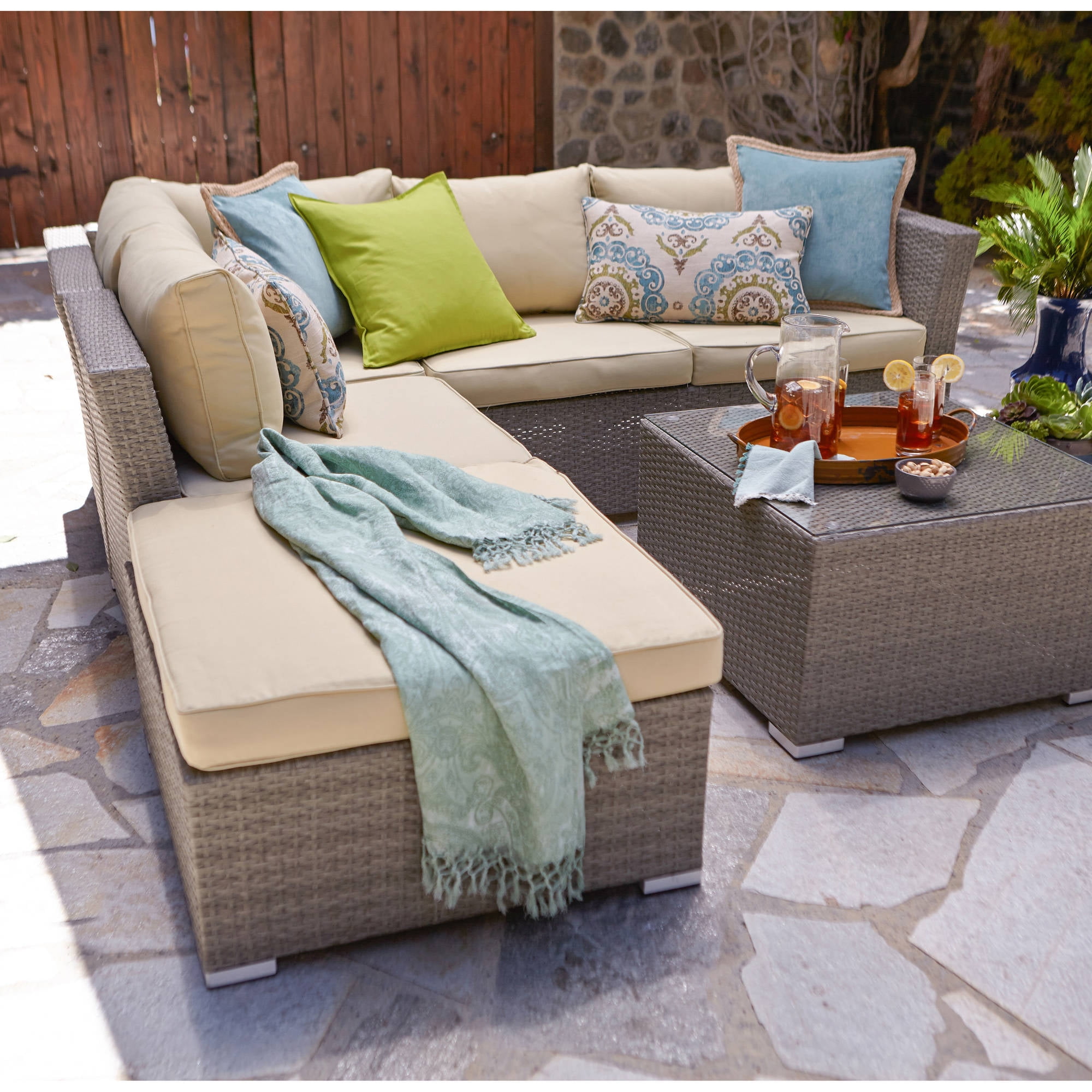 Incadozo 5-Piece Outdoor Wicker Sectional Sofa Set, Rustic Light Brown