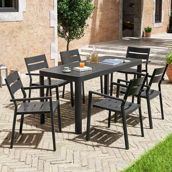Pellebant 7 Pcs Patio Dining Set Aluminum Expandable Table and Chairs Set for 6-8 People Black