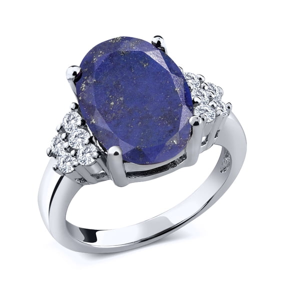 Gem Stone King 925 Sterling Silver Ring Oval Blue Lapis and Moissanite (4.38 Cttw, Size 9)