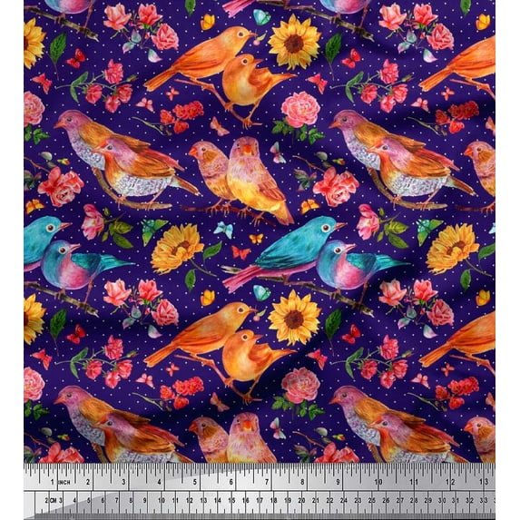 Soimoi Blue Cotton Voile Fabric Dot,Sunflower & American Robin Bird Decor Fabric Printed BTY 42 Inch Wide