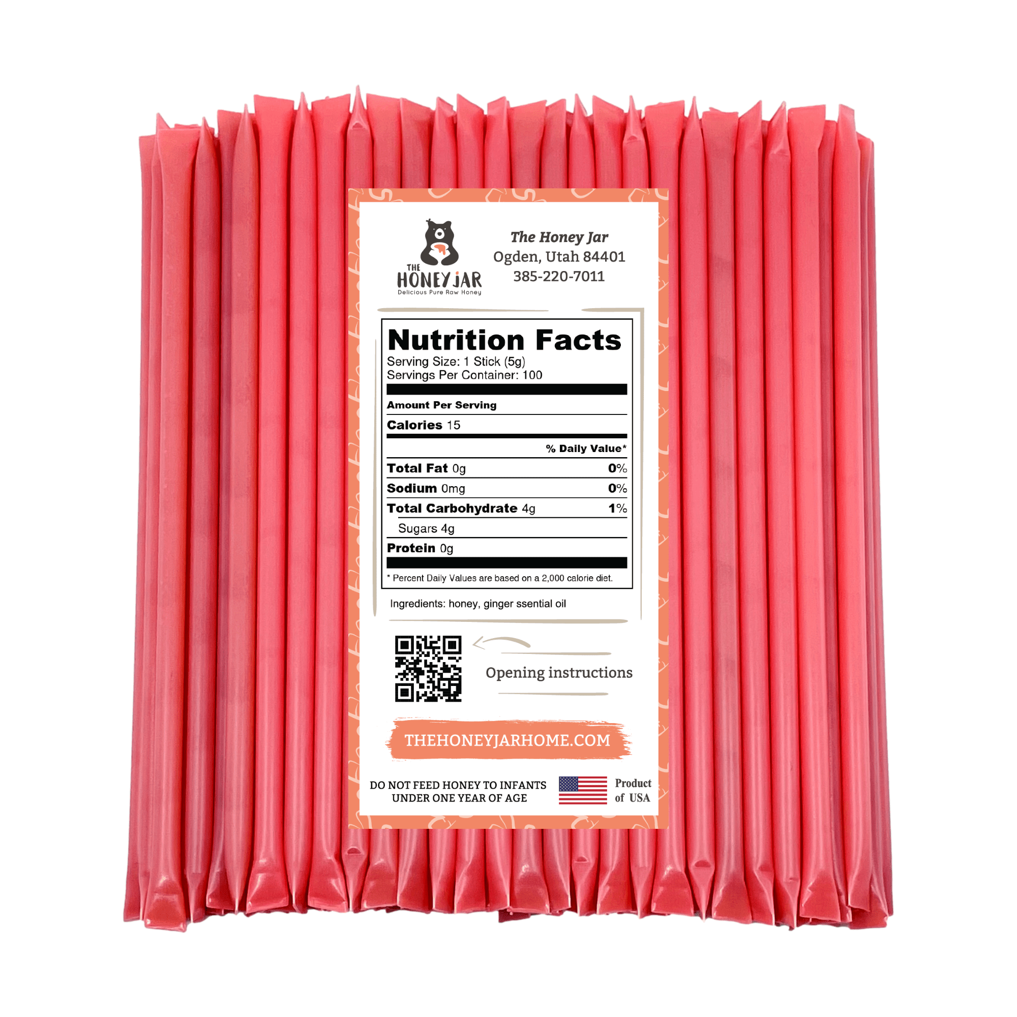 The Honey Jar - Ginger Flavored Honey Sticks - 100 Count Package