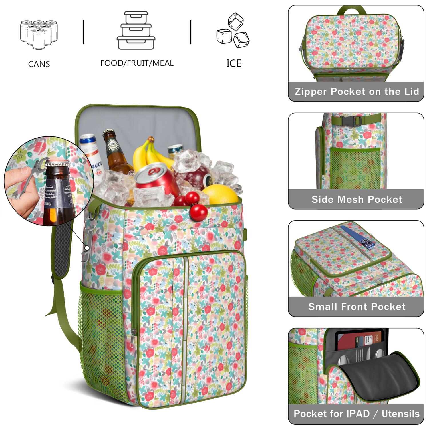 Travel Cooler Bag - Pioneer Flower Floral Print Pattern Camping Beer Cooler Backpack with Bottle Opener- Waterproof Insulated Picnic Backpacks - Cooler Bag for Beach