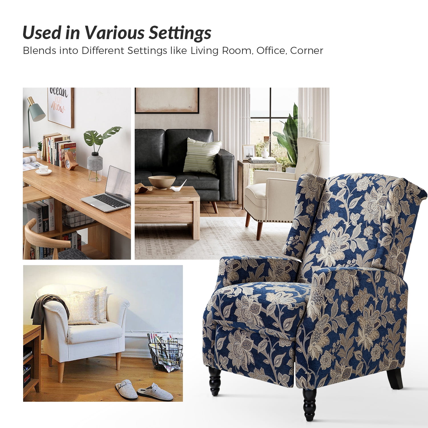Push Back Recliner Chair Set of 2 Wingback Manual Fabric Upholstered Home Theater Couches Garden