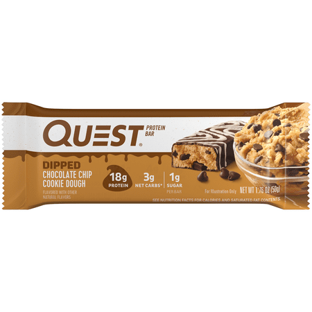 Quest Dipped Protein Bars, 18g Protein, Gluten Free, Chocolate Chip Cookie Dough, 4 Count