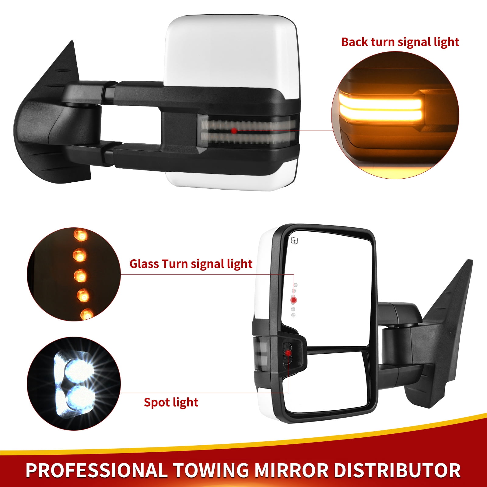 LEDKINGDOMUS Power Heated Towing Mirrors for 2007-2014 Chevy Silverado/GMC Sierra 1500/2500HD/3500HD, Avalanche, Suburban, Tahoe, Yukon XL, Manual Telescoping & Folding, Plug and Play  White