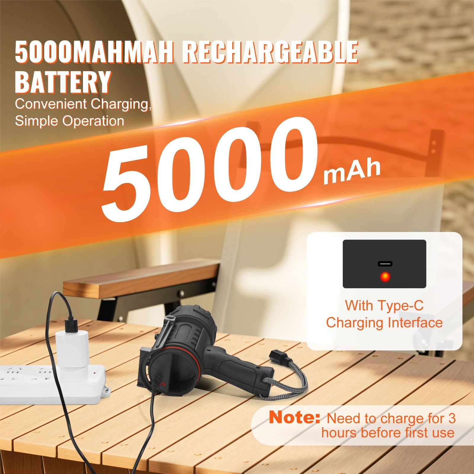 Professional 200000LM USB Rechargeable Spotlight, Super Bright Flashlight with 5000mAh Battery, Long-Range Searchlight for Night Use